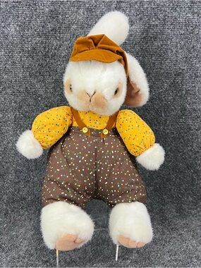 Cute Mary Meyer Plush White & Tan Bunny Rabbit Sitting Overalls Hat 10”
